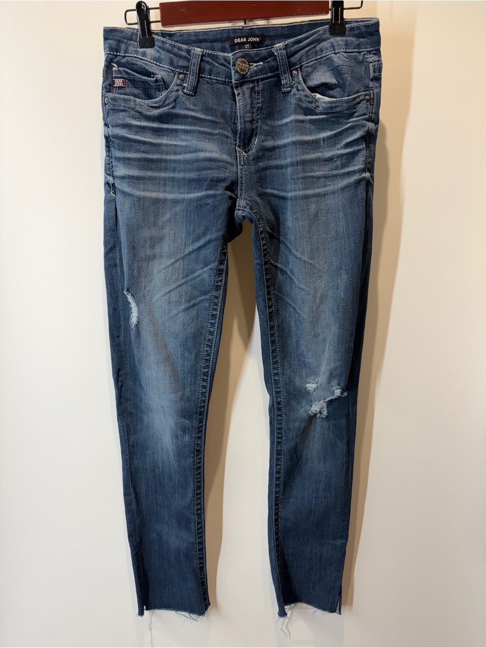 Dear John Women's Faded Blue Skinny Jeans with Distressed Knees